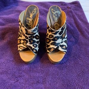 Sam Edelman Leopard/Tan Leather Animal Hair High Wedge Sandals sz 9 M